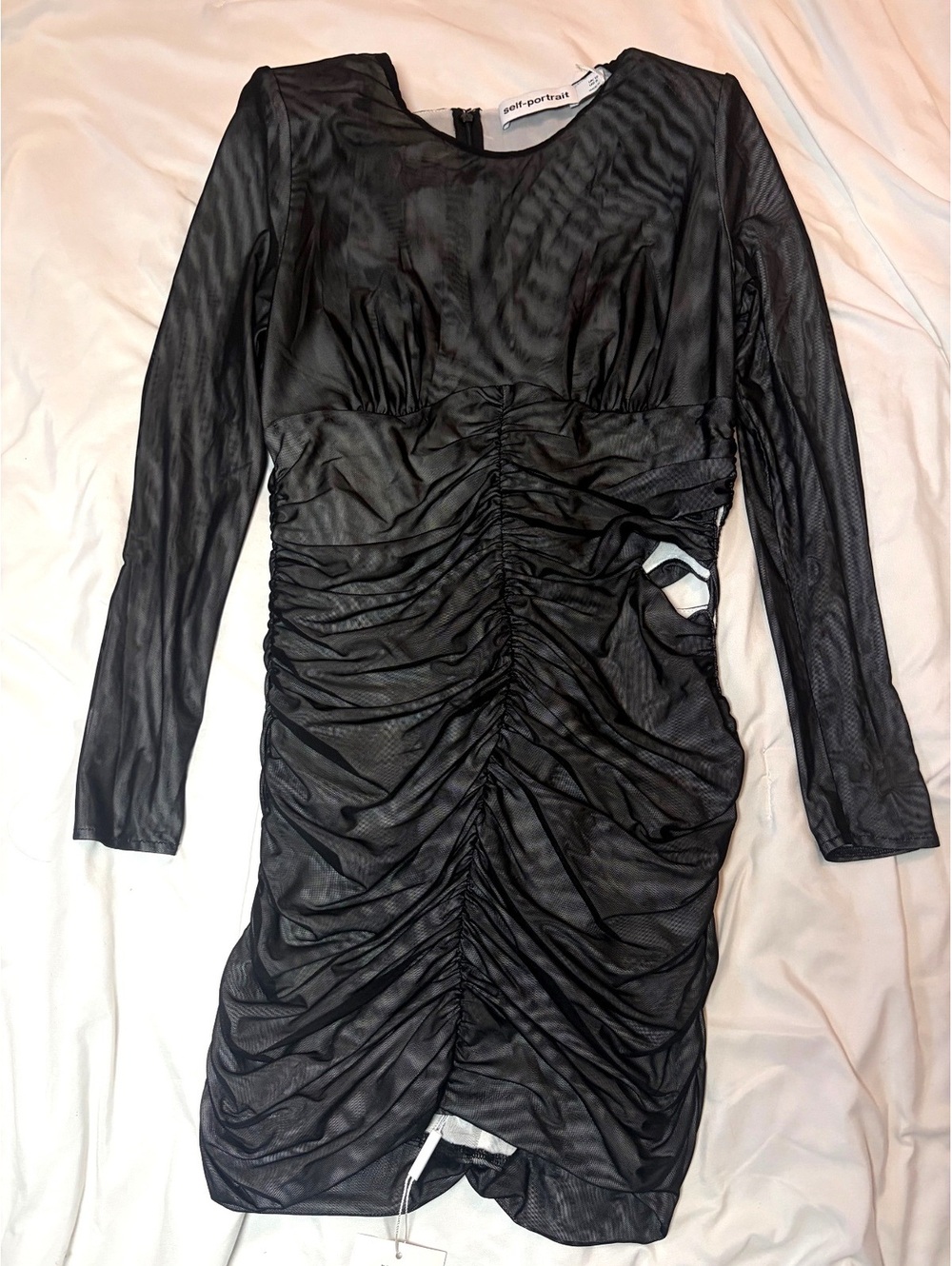 Self-Portrait NWT Double Mesh Ruched Mini Dress Black US 8